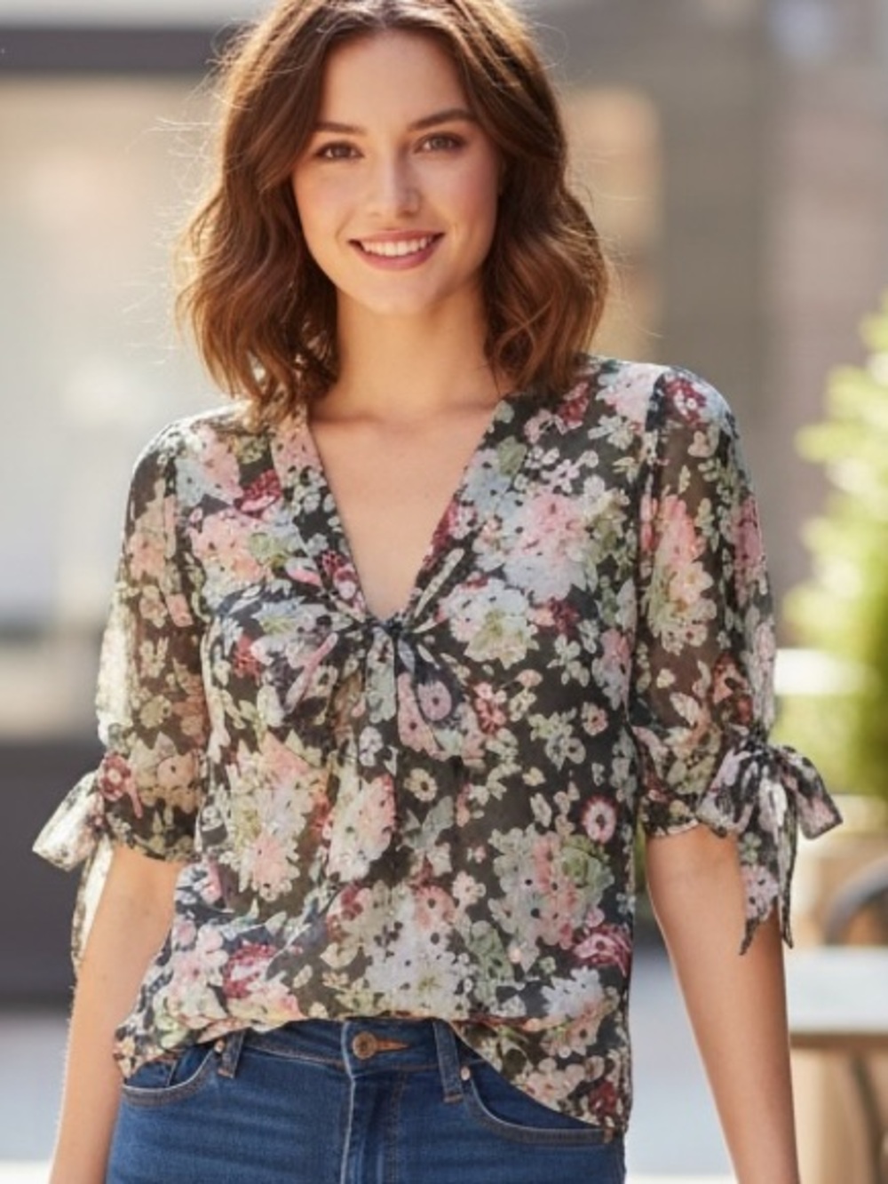 Anthropology Odille Black Floral Tie-Sleeve V-Neck Blouse